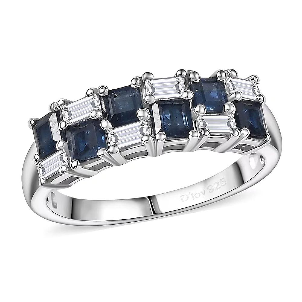 D'Joy Blue Sapphire and Moissanite 1.50 ctw Midnight Lineage Ring in Rhodium Over Sterling Silver