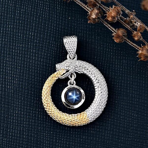 D'Joy Blue Star Sapphire (DF) 1.70 Ctw Ouroboros Pendant Without Chain In 14K YG And Rhodium Over Sterling Silver
