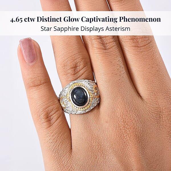 D'Joy Blue Star Sapphire (DF) 4.65 Ctw Ring In 14K YG And Rhodium Over Sterling Silver