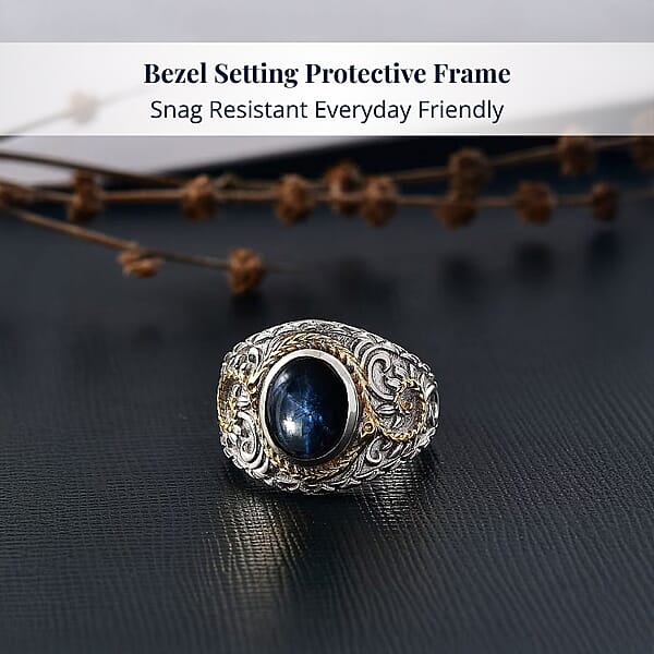 D'Joy Blue Star Sapphire (DF) 4.65 Ctw Ring In 14K YG And Rhodium Over Sterling Silver