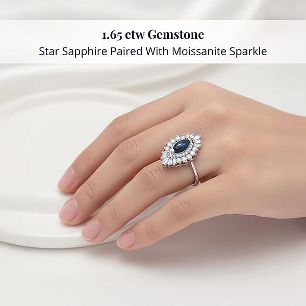 D'Joy Blue Star Sapphire (DF) And Moissanite 1.65 Ctw Crown Ray Ring In Rhodium Over Sterling Silver