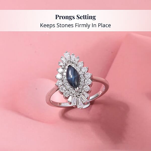 D'Joy Blue Star Sapphire (DF) And Moissanite 1.65 Ctw Crown Ray Ring In Rhodium Over Sterling Silver