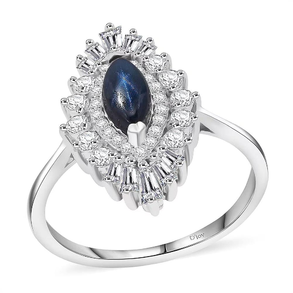 D'Joy Blue Star Sapphire (DF) and Moissanite 1.65 ctw Crown Ray Ring in Rhodium Over Sterling Silver