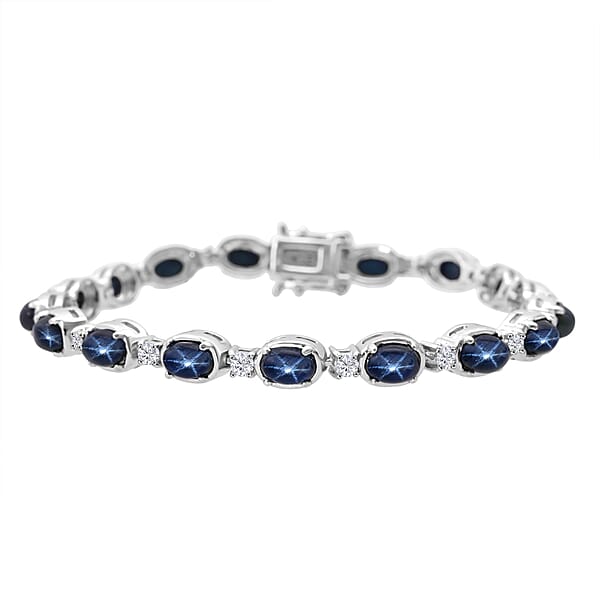 D'Joy Blue Star Sapphire (DF) And Moissanite 12.15 Ctw Eternal Starlace Bracelet In Rhodium Over Sterling Silver (6.50 In)