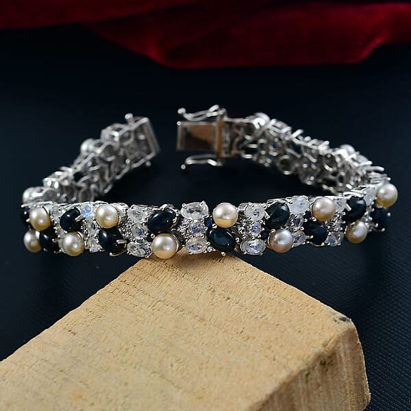 D'Joy Blue Star Sapphire (DF) And Multi Gemstone 23.50 Ctw Celestial Tapestry Bracelet In Rhodium Over Sterling Silver (7.25 In)