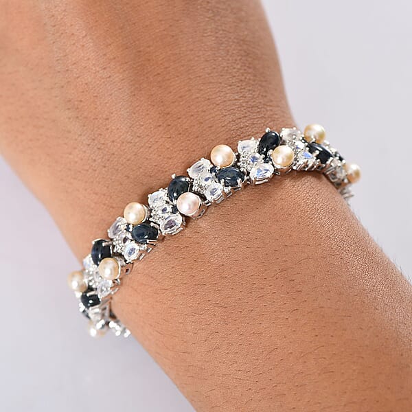 D'Joy Blue Star Sapphire (DF) And Multi Gemstone 23.50 Ctw Celestial Tapestry Bracelet In Rhodium Over Sterling Silver (7.25 In)