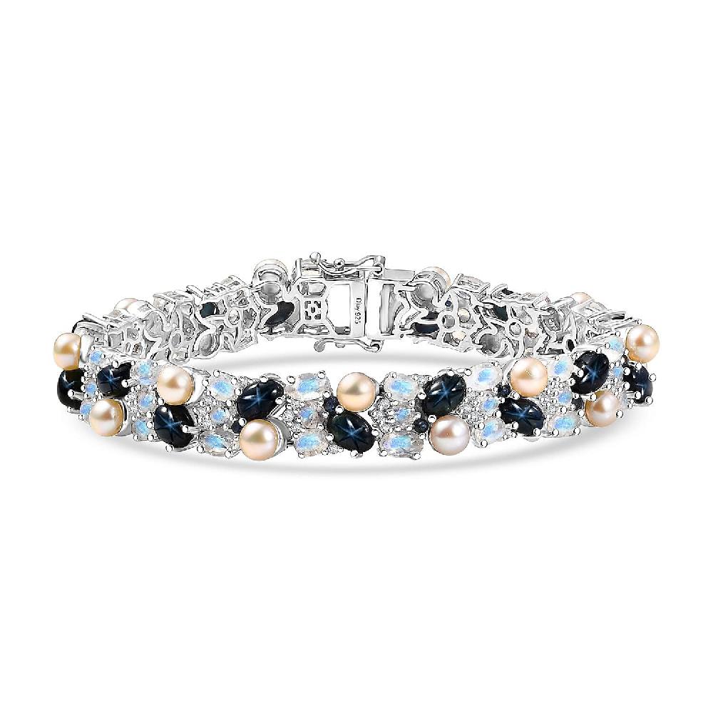 D'Joy Blue Star Sapphire (DF) and Multi Gemstone 23.50 ctw Celestial Tapestry Bracelet in Rhodium Over Sterling Silver (7.25 In)