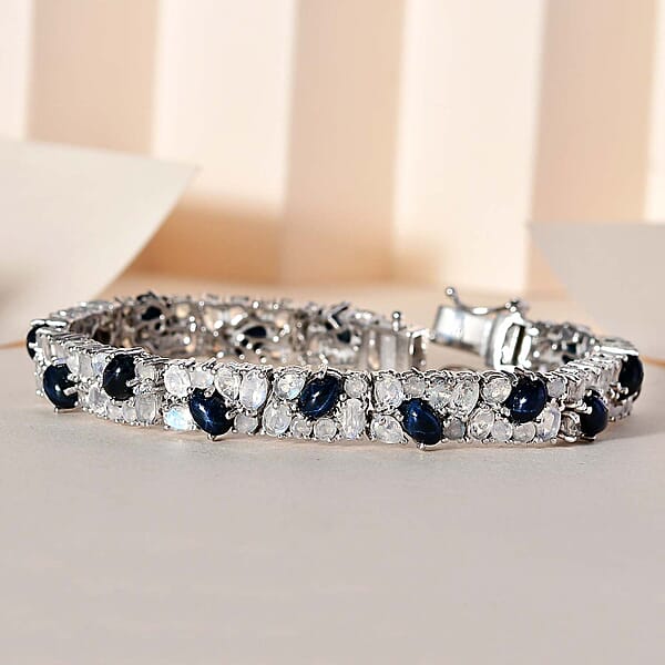 D'Joy Blue Star Sapphire (DF) And Rainbow Moonstone 22.25 Ctw Celestial Bracelet In Platinum Over Sterling Silv (7.25 In)