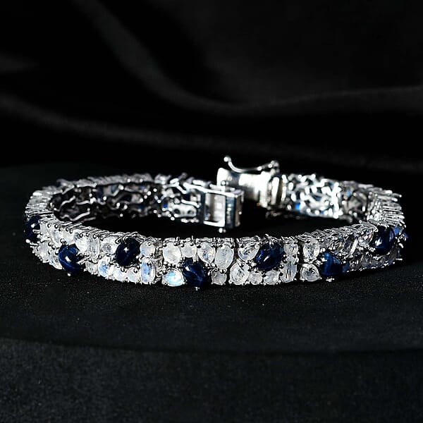 D'Joy Blue Star Sapphire (DF) And Rainbow Moonstone 22.25 Ctw Celestial Bracelet In Platinum Over Sterling Silv (7.25 In)