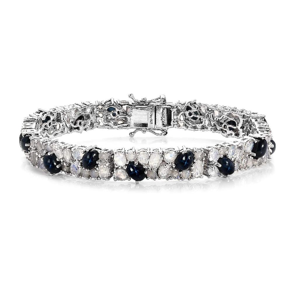 D'Joy Blue Star Sapphire (DF) and Rainbow Moonstone 22.25 ctw Celestial Bracelet in Platinum Over Sterling Silv (7.25 In)