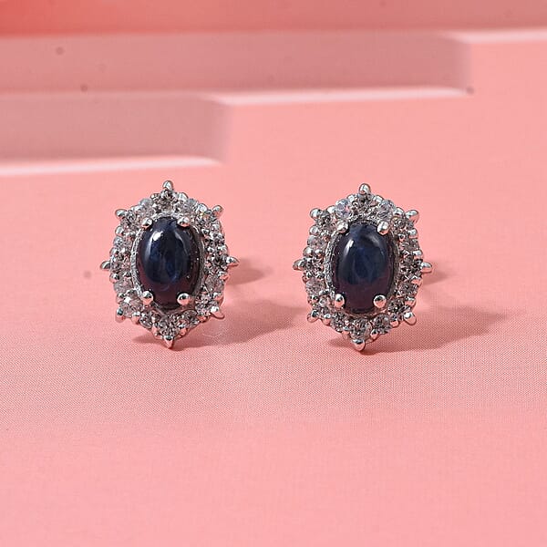 D'Joy Blue Star Sapphire (DF) And White Zircon 2.30 Ctw Stud Earrings In Rhodium Over Sterling Silver