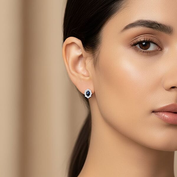 D'Joy Blue Star Sapphire (DF) And White Zircon 2.30 Ctw Stud Earrings In Rhodium Over Sterling Silver