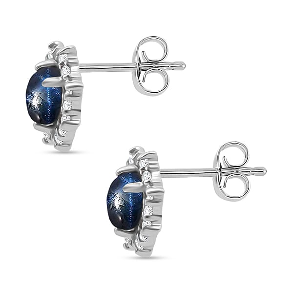 D'Joy Blue Star Sapphire (DF) And White Zircon 2.30 Ctw Stud Earrings In Rhodium Over Sterling Silver