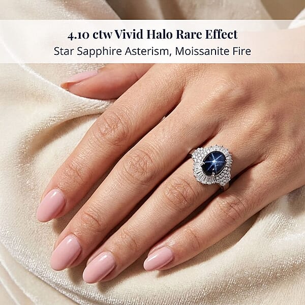 D'Joy Blue Star Sapphire Moissanite Ray Ring In Rhodium Over Sterling Silver 4.10 Ctw