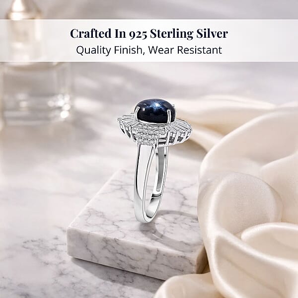 D'Joy Blue Star Sapphire Moissanite Ray Ring In Rhodium Over Sterling Silver 4.10 Ctw