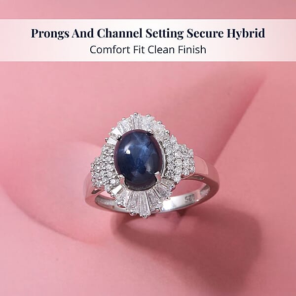 D'Joy Blue Star Sapphire Moissanite Ray Ring In Rhodium Over Sterling Silver 4.10 Ctw