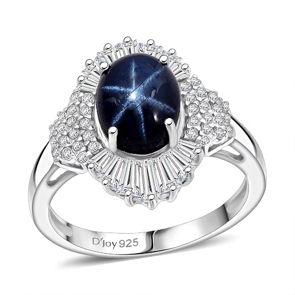 D'Joy Blue Star Sapphire Moissanite Ray Ring in Rhodium Over Sterling Silver 4.10 ctw