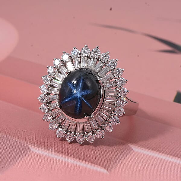 D'Joy Blue Star Sapphire Moissanite Ring In Rhodium Over Sterling Silver 7.75 Ctw