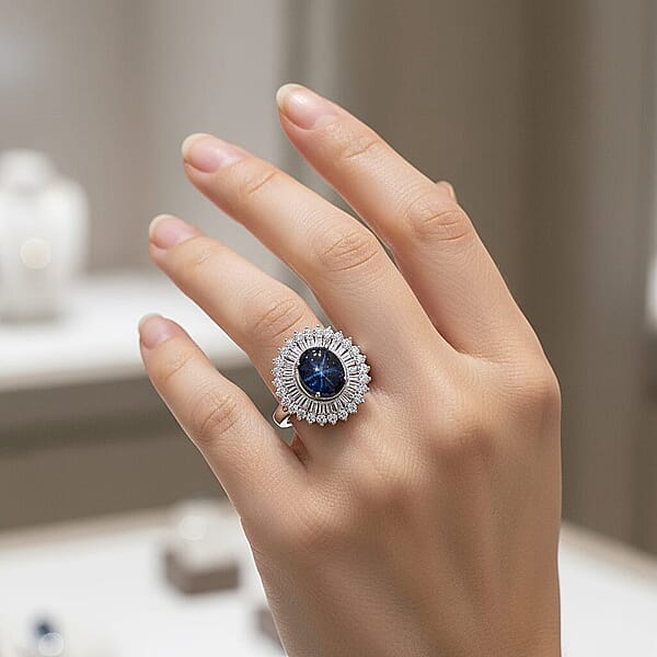 D'Joy Blue Star Sapphire Moissanite Ring In Rhodium Over Sterling Silver 7.75 Ctw