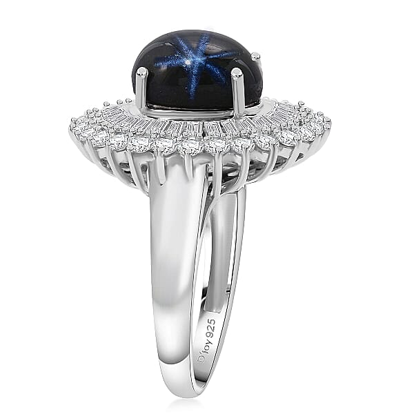 D'Joy Blue Star Sapphire Moissanite Ring In Rhodium Over Sterling Silver 7.75 Ctw