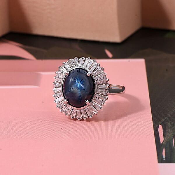 D'Joy Blue Star Sapphire Moissanite Ring In Rhodium Over Sterling Silver 7.20 Ctw