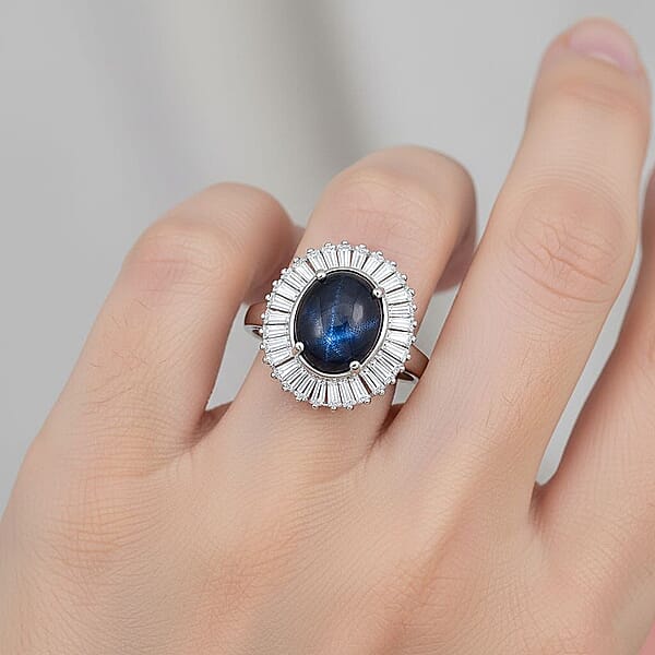D'Joy Blue Star Sapphire Moissanite Ring In Rhodium Over Sterling Silver 7.20 Ctw