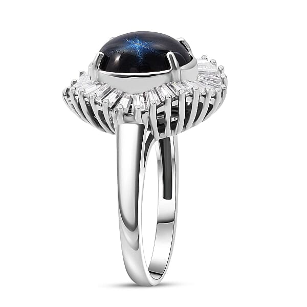D'Joy Blue Star Sapphire Moissanite Ring In Rhodium Over Sterling Silver 7.20 Ctw