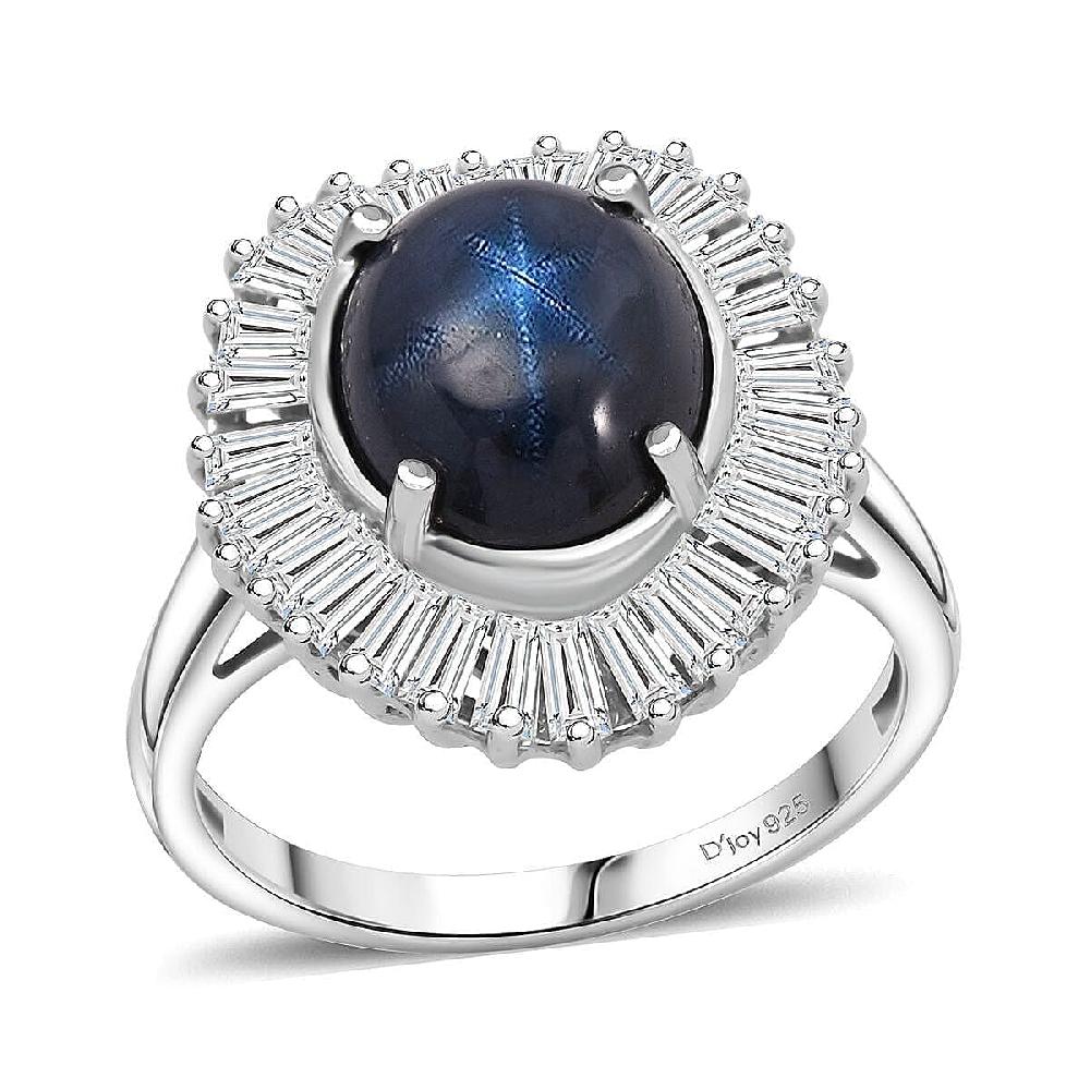 D'Joy Blue Star Sapphire Moissanite Ring in Rhodium Over Sterling Silver 7.20 ctw