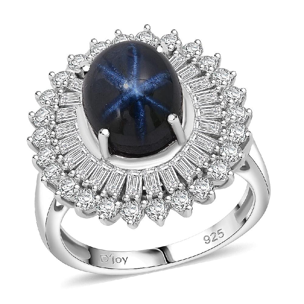 D'Joy Blue Star Sapphire Moissanite Ring in Rhodium Over Sterling Silver 7.75 ctw
