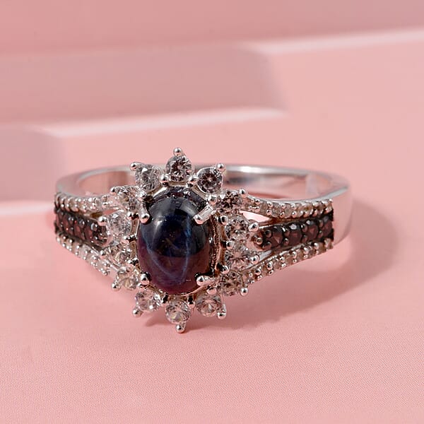 D'Joy Blue Star Sapphire White And Chocolate Zircon Starfire Ring In Rhodium Over Sterling Silver 2.20 Ctw