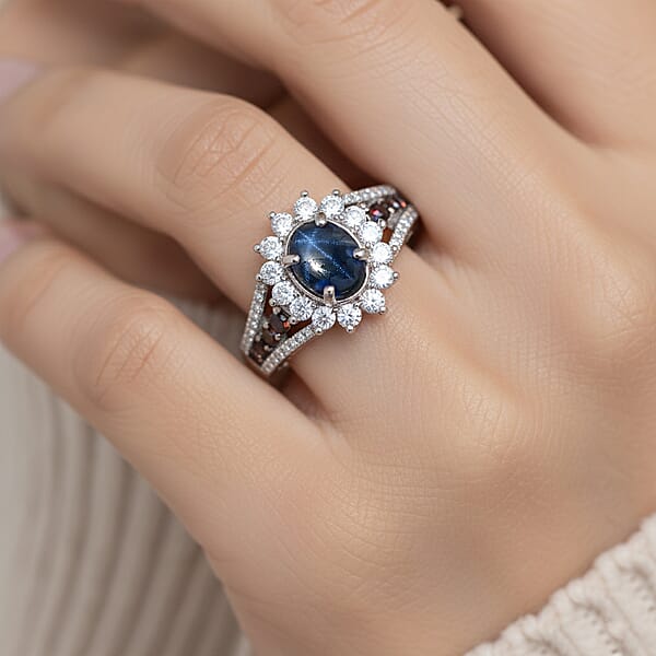 D'Joy Blue Star Sapphire White And Chocolate Zircon Starfire Ring In Rhodium Over Sterling Silver 2.20 Ctw