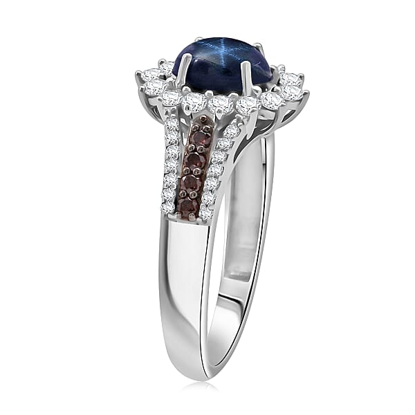 D'Joy Blue Star Sapphire White And Chocolate Zircon Starfire Ring In Rhodium Over Sterling Silver 2.20 Ctw