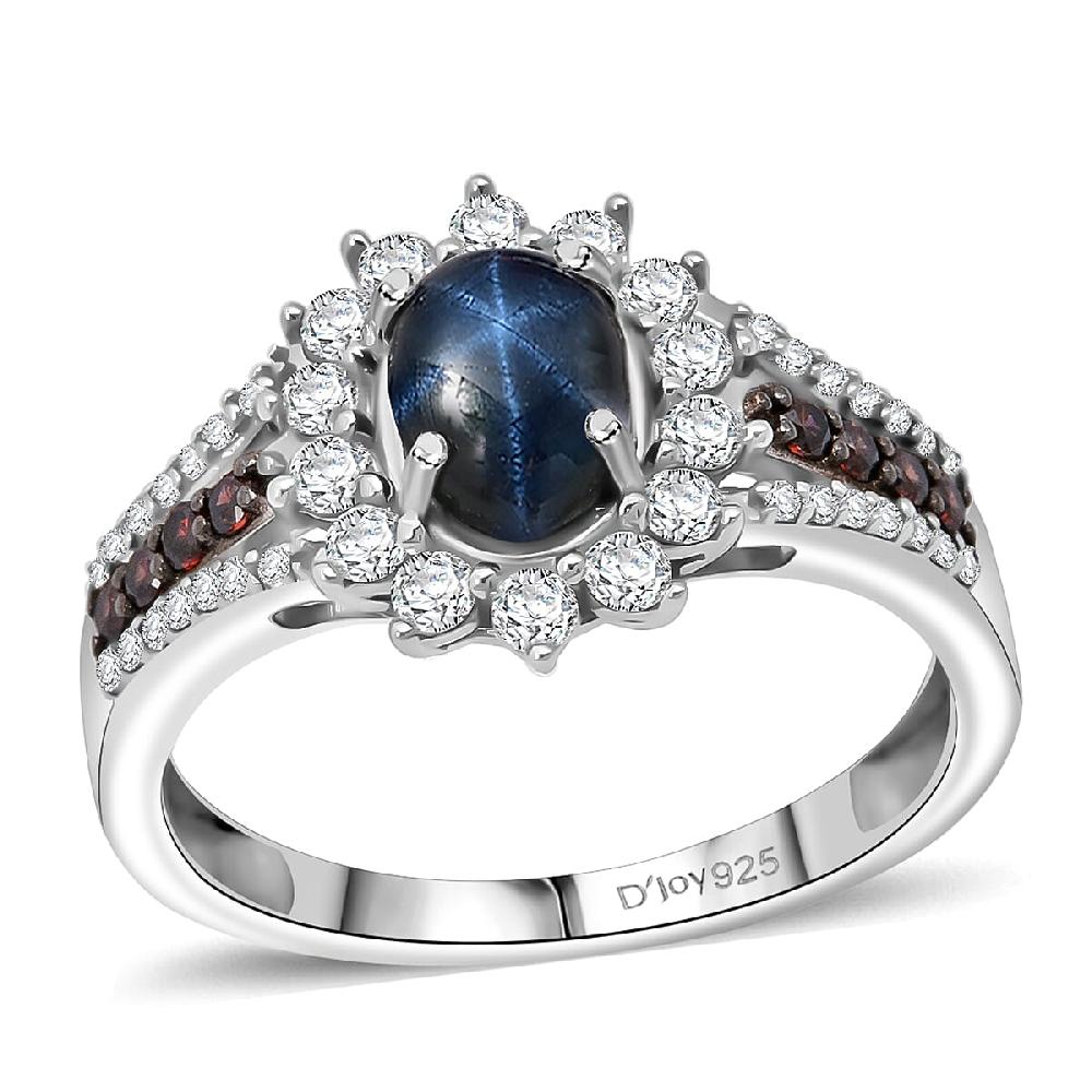D'Joy Blue Star Sapphire White and Chocolate Zircon Starfire Ring in Rhodium Over Sterling Silver 2.20 ctw