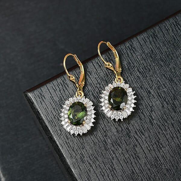 D'Joy Bohemian Moldavite And Moissanite 4.30 Ctw Earrings In 18K Vermeil Yellow Gold Over Sterling Silver