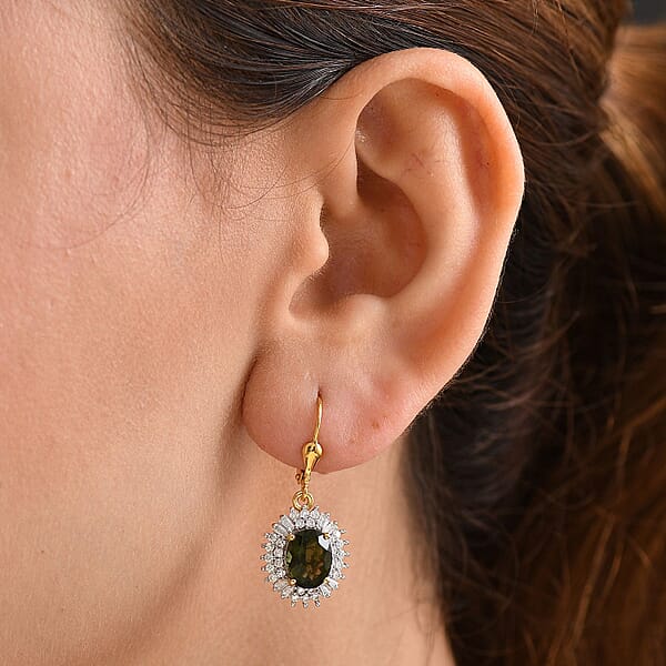 D'Joy Bohemian Moldavite And Moissanite 4.30 Ctw Earrings In 18K Vermeil Yellow Gold Over Sterling Silver