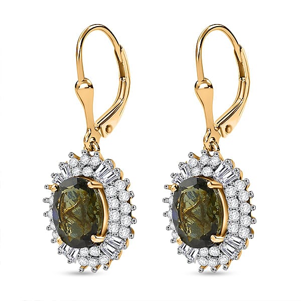 D'Joy Bohemian Moldavite And Moissanite 4.30 Ctw Earrings In 18K Vermeil Yellow Gold Over Sterling Silver
