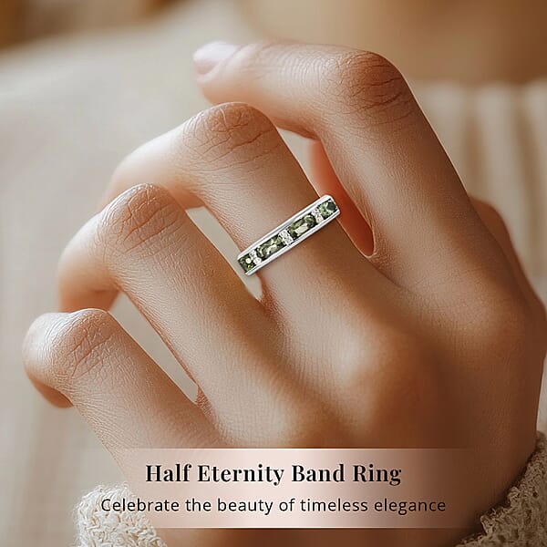 D'Joy Bohemian Moldavite White Zircon Half Eternity Band Ring In Platinum Over Sterling Silver 0.90 Ctw