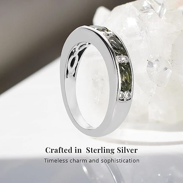 D'Joy Bohemian Moldavite White Zircon Half Eternity Band Ring In Platinum Over Sterling Silver 0.90 Ctw