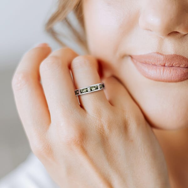 D'Joy Bohemian Moldavite White Zircon Half Eternity Band Ring In Platinum Over Sterling Silver 0.90 Ctw