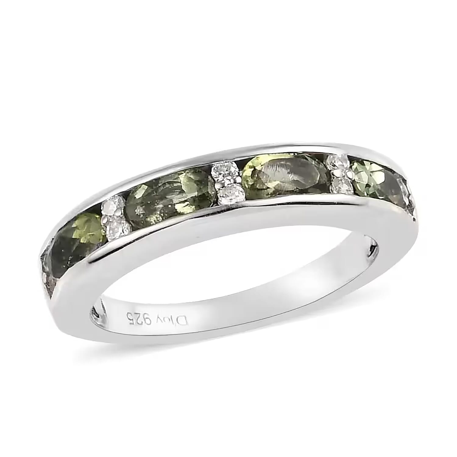 D'Joy Bohemian Moldavite White Zircon Half Eternity Band Ring in Platinum Over Sterling Silver 0.90 ctw