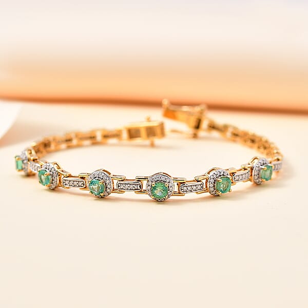 D'Joy Boyaca Colombian Emerald And Moissanite 2.50 Ctw Bridge Bracelet In 18K Vermeil Yellow Gold Over Sterling Silver (7.25 In)