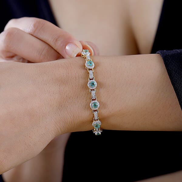 D'Joy Boyaca Colombian Emerald And Moissanite 2.50 Ctw Bridge Bracelet In 18K Vermeil Yellow Gold Over Sterling Silver (7.25 In)