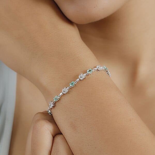 D'Joy Boyaca Colombian Emerald And Moissanite 3.50 Ctw Leaves Bracelet In Rhodium Over Sterling Silver (7.25 In)