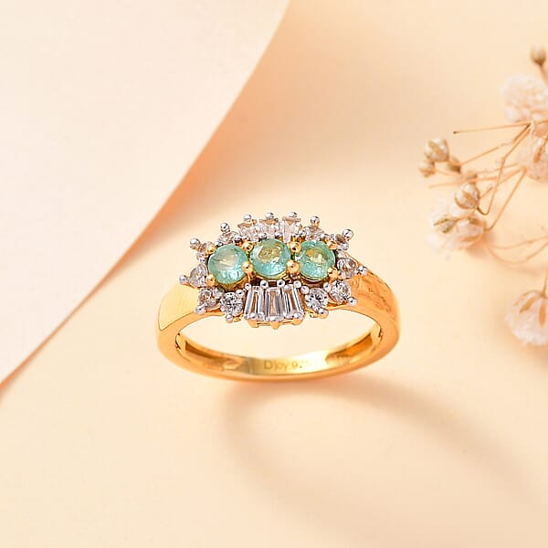 D'Joy Boyaca Colombian Emerald And White Zircon 1.00 Ctw Trifecta Brilliance Ring In 18K Vermeil Yellow Gold Over Sterling Silver