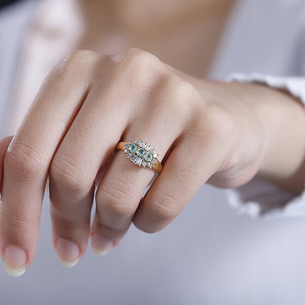 D'Joy Boyaca Colombian Emerald And White Zircon 1.00 Ctw Trifecta Brilliance Ring In 18K Vermeil Yellow Gold Over Sterling Silver