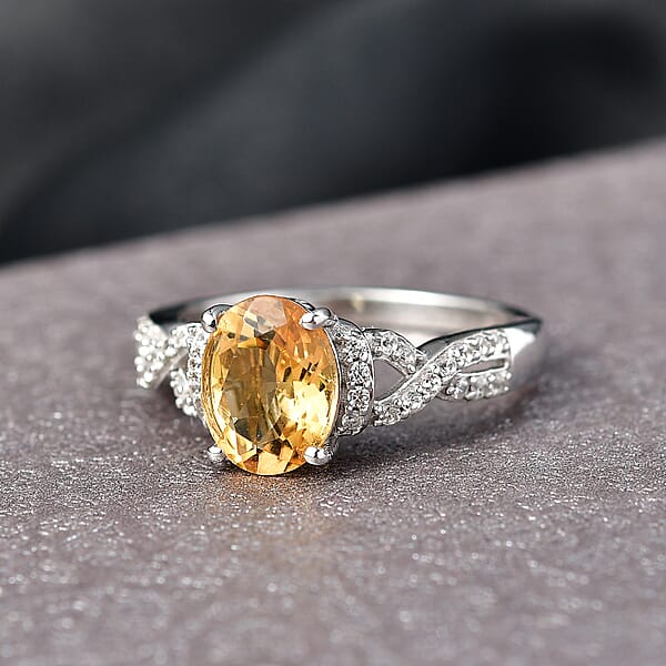 D'Joy Brazilian Citrine And White Zircon 2.10 Ctw Ring In Rhodium Over Sterling Silver