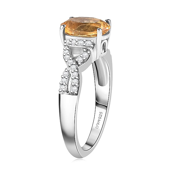 D'Joy Brazilian Citrine And White Zircon 2.10 Ctw Ring In Rhodium Over Sterling Silver