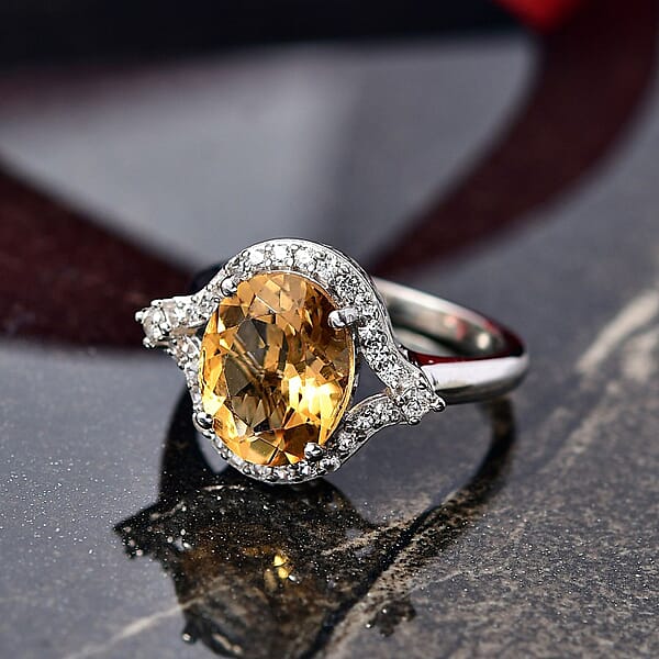 D'Joy Brazilian Citrine White Zircon Ring In Platinum Over Sterling Silver 3.75 Ctw