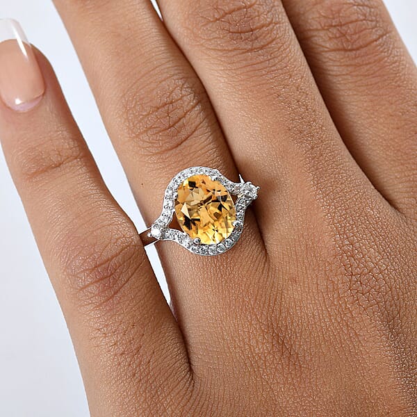 D'Joy Brazilian Citrine White Zircon Ring In Platinum Over Sterling Silver 3.75 Ctw