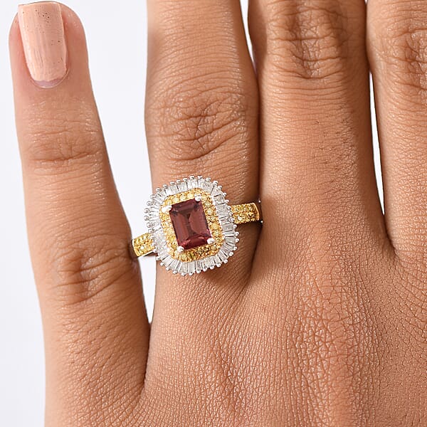 D'Joy Byzantine Tourmaline Natural Diamond Sunburst Halo Ring In 18K Vermeil YG And Rhodium Over Sterling Silver 1.60 Ctw